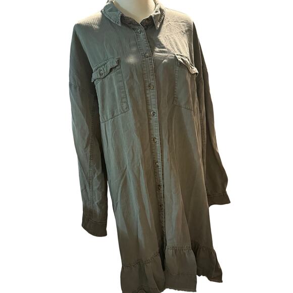 Pilcro Anthropologie Lyocell Utility Shirt Dress, Olive Green, Ruffle Hem, XL - Picture 5 of 9